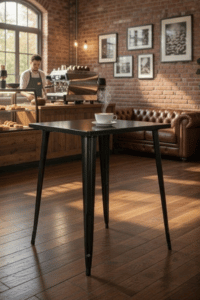 Flash Furniture Nolan square black metal bar height table in coffee shop interior
