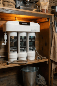 Frizzlife SK99 under sink water filter system installed in coffee shop cabinet