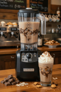Hamilton Beach Tempest commercial blender preparing chocolate frappe in a coffee shop