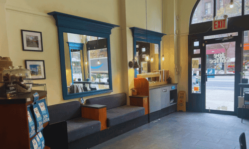 interior view of Joe Coffee Company Chelsea front entrance and street view near the High Line NYC