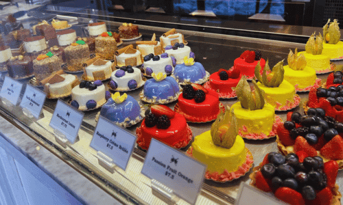 Charlotte Patisserie Chelsea – Best Bakery & Coffee NYC 5 luxury colorful pastries and desserts display at Charlotte Patisserie Chelsea near Chelsea Market and the High Line NYC