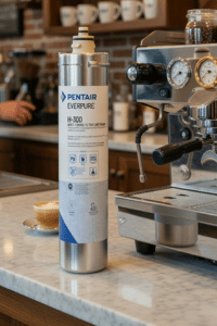 Pentair Everpure H-300 water filter cartridge next to espresso machine in coffee shop