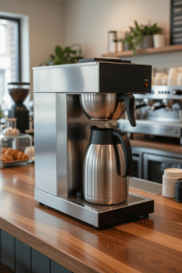 SYBO SF-CB-1AA Commercial Coffee Brewer – Thermal Carafe Brewer SYBO SF-CB-1AA commercial coffee brewer with stainless steel thermal carafe on café counter