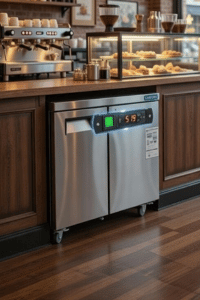 Refrigerador comercial VEVOR de acero inoxidable bajo mostrador con dos puertas en cafetería