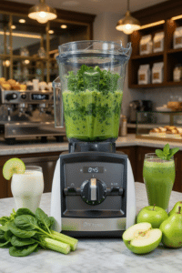 Vitamix A2300 Ascent Series smart blender preparing green smoothies in a modern coffee shop