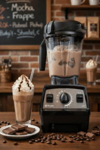 Vitamix Propel Series 750 blender preparing mocha frappe in a coffee shop