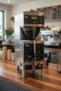 Wilbur Curtis Gemini GT Coffee Brewer – 1.5 Gallon Thermal Commercial Brewer Wilbur Curtis Gemini GT commercial coffee brewer with thermal dispenser on café counter