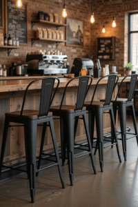 Yongqiang 26 inch high back metal bar stools with wooden seats set of four at coffee shop counter