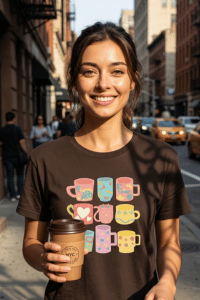 mujer usando camiseta de café de Prints by Flor con café en mano en calle de NYC Manhattan