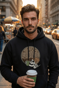 hombre usando hoodie de café de Prints by Flor con café en mano en calle de NYC Manhattan