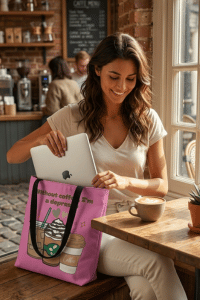 mujer con bolsa tote de café de Prints by Flor usando laptop en cafetería de NYC