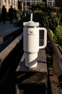 vaso Stanley Quencher sobre banco en el High Line NYC con edificios en Chelsea Manhattan